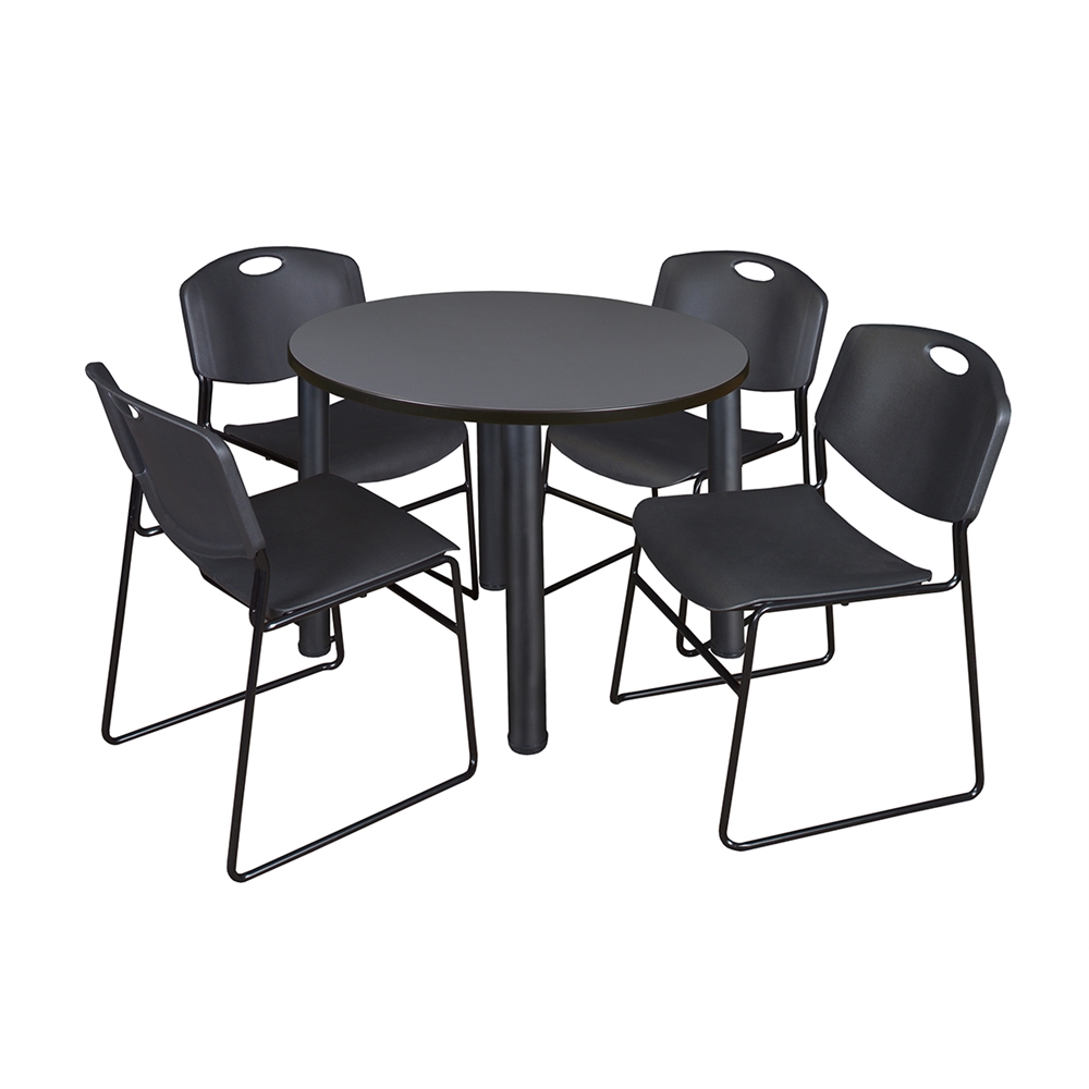 Kee 36" Round Breakroom Table- Grey/ Black & 4 Zeng Stack Chairs- Black. Picture 1