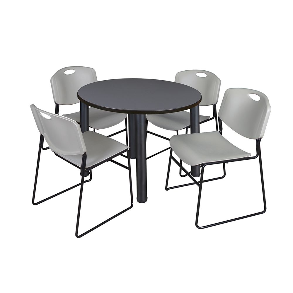 Kee 36" Round Breakroom Table- Grey/ Black & 4 Zeng Stack Chairs- Grey. Picture 1