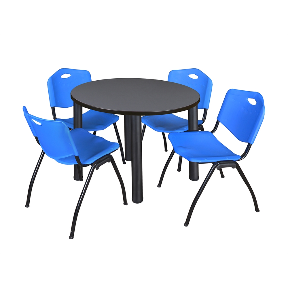 Kee 36" Round Breakroom Table- Grey/ Black & 4 'M' Stack Chairs- Blue. Picture 1