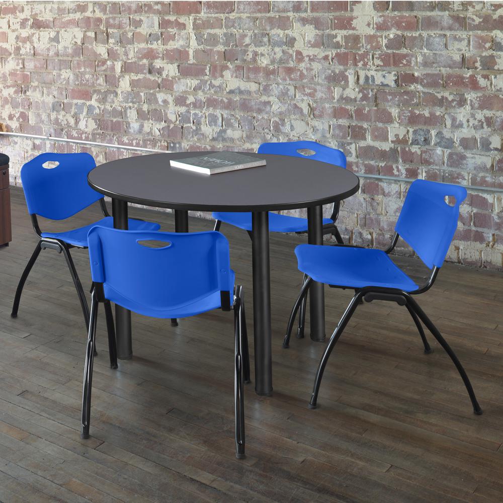 Kee 36" Round Breakroom Table- Grey/ Black & 4 'M' Stack Chairs- Blue. Picture 2