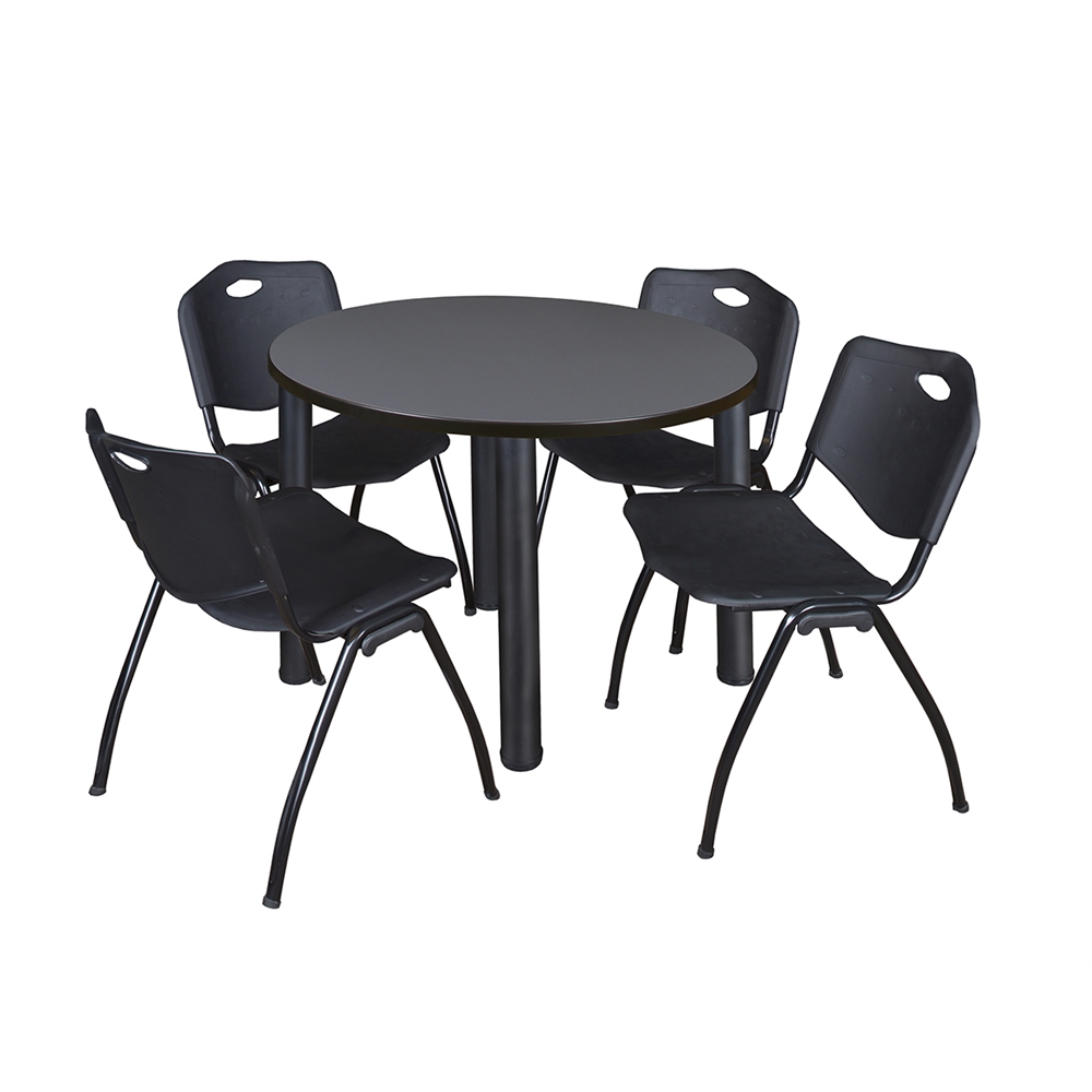 Kee 36" Round Breakroom Table- Grey/ Black & 4 'M' Stack Chairs- Black. Picture 1