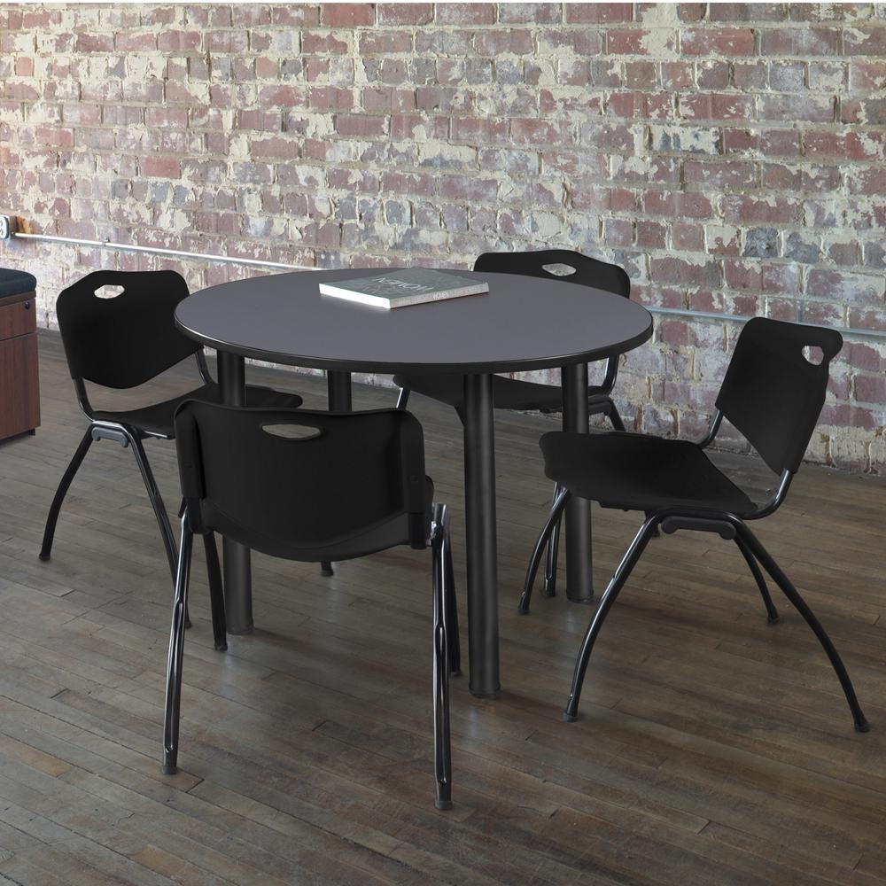 Kee 36" Round Breakroom Table- Grey/ Black & 4 'M' Stack Chairs- Black. Picture 2