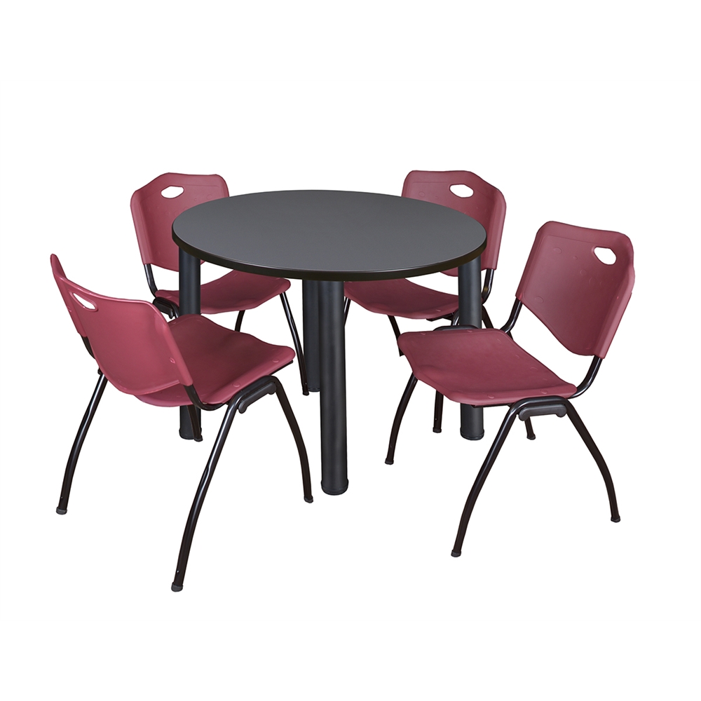 Kee 36" Round Breakroom Table- Grey/ Black & 4 'M' Stack Chairs- Burgundy. Picture 1