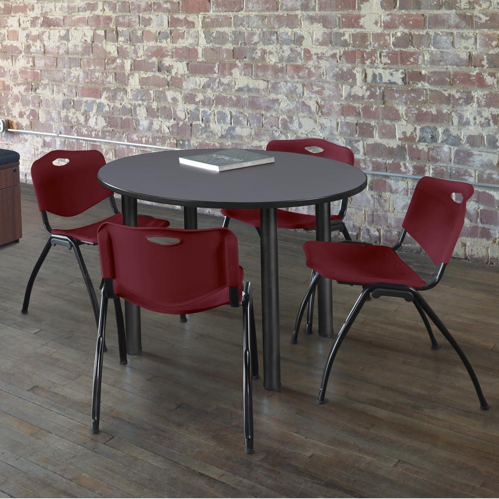 Kee 36" Round Breakroom Table- Grey/ Black & 4 'M' Stack Chairs- Burgundy. Picture 2