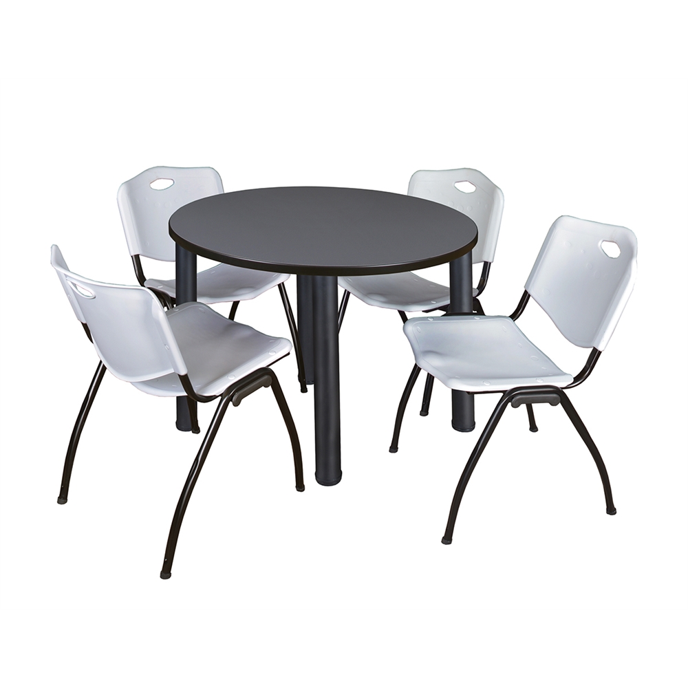 Kee 36" Round Breakroom Table- Grey/ Black & 4 'M' Stack Chairs- Grey. Picture 1