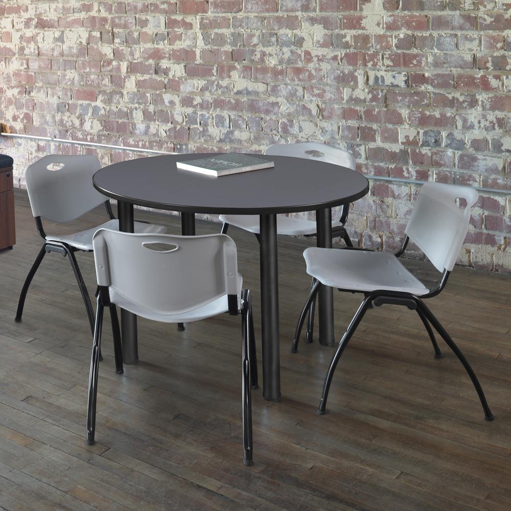 Kee 36" Round Breakroom Table- Grey/ Black & 4 'M' Stack Chairs- Grey. Picture 2