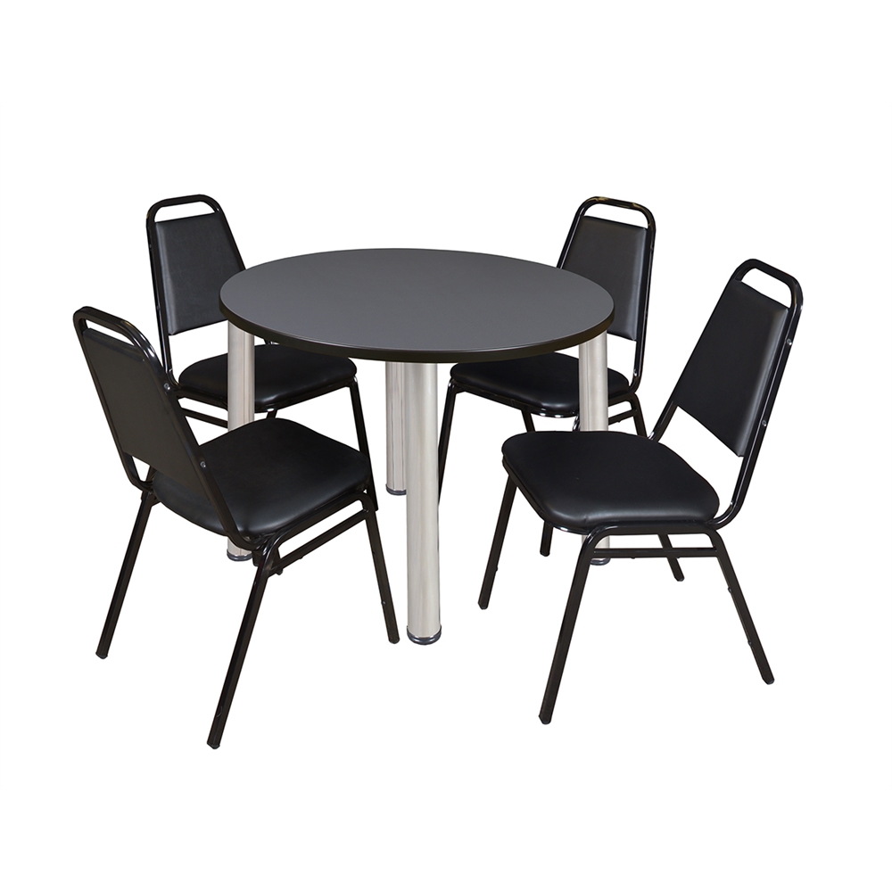 Kee 36" Round Breakroom Table- Grey/ Chrome & 4 Restaurant Stack Chairs- Black. Picture 1