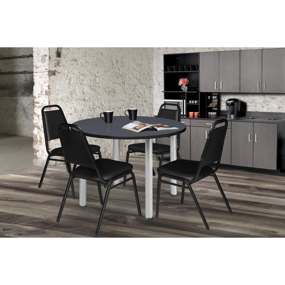 Kee 36" Round Breakroom Table- Grey/ Chrome & 4 Restaurant Stack Chairs- Black. Picture 2