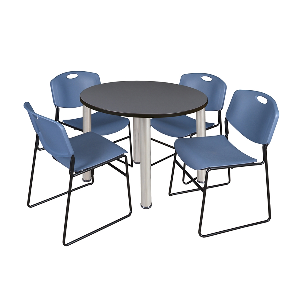 Kee 36" Round Breakroom Table- Grey/ Chrome & 4 Zeng Stack Chairs- Blue. Picture 1