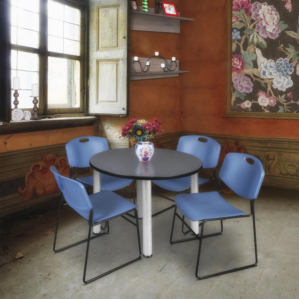 Kee 36" Round Breakroom Table- Grey/ Chrome & 4 Zeng Stack Chairs- Blue. Picture 2