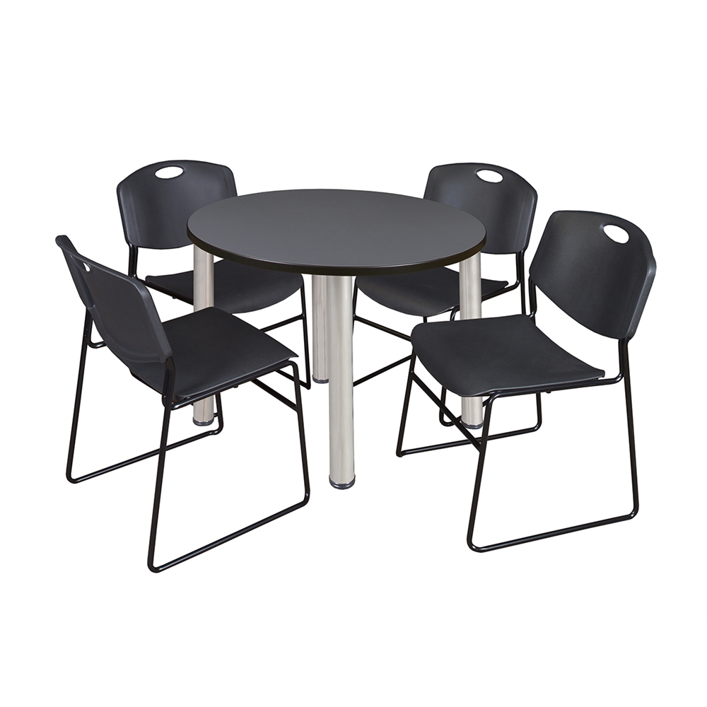 Kee 36" Round Breakroom Table- Grey/ Chrome & 4 Zeng Stack Chairs- Black. Picture 1