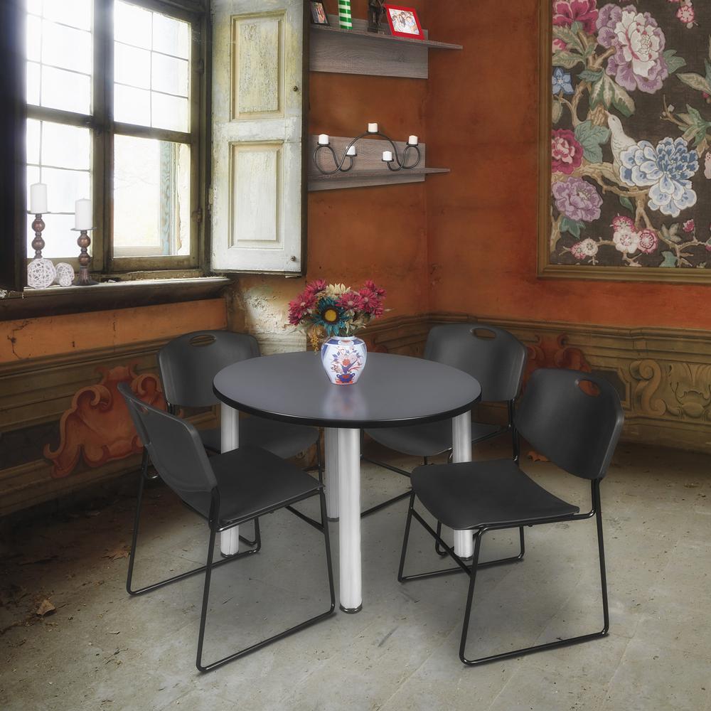Kee 36" Round Breakroom Table- Grey/ Chrome & 4 Zeng Stack Chairs- Black. Picture 2