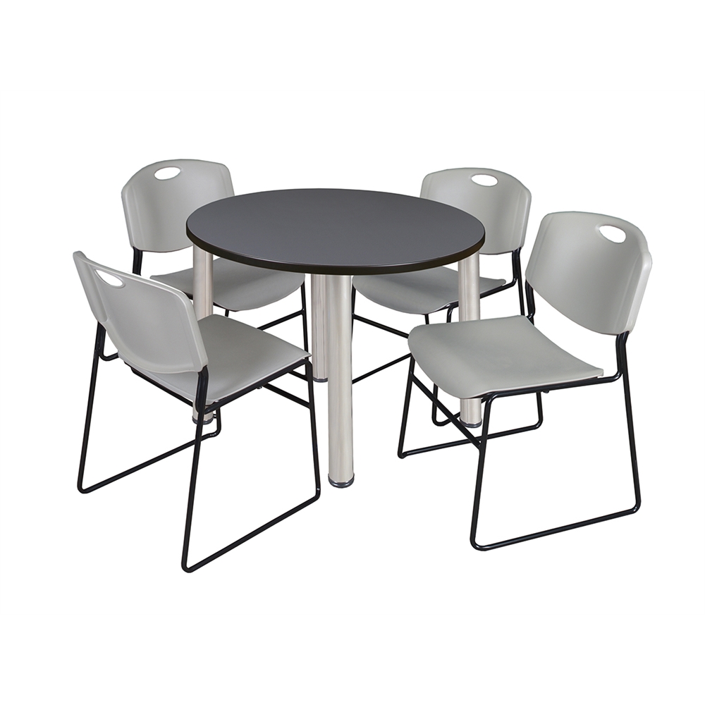 Kee 36" Round Breakroom Table- Grey/ Chrome & 4 Zeng Stack Chairs- Grey. Picture 1