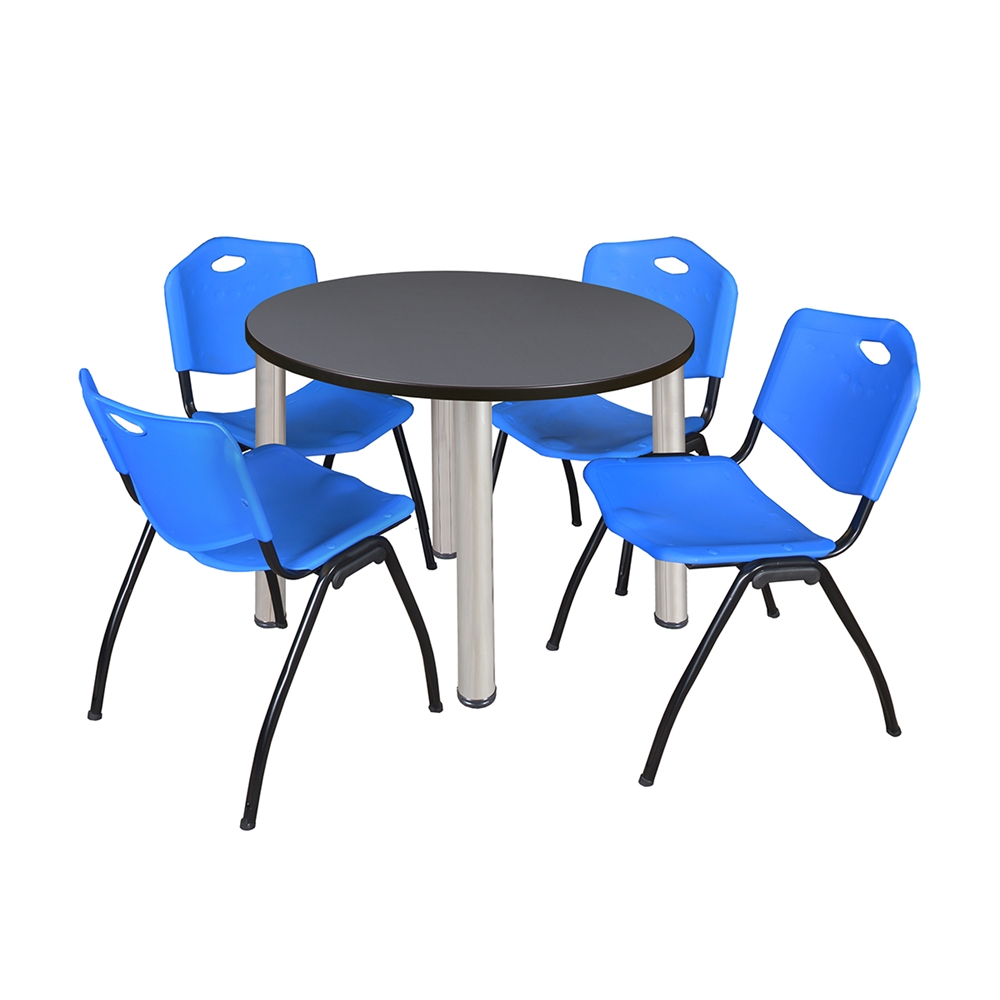Kee 36" Round Breakroom Table- Grey/ Chrome & 4 'M' Stack Chairs- Blue. Picture 1