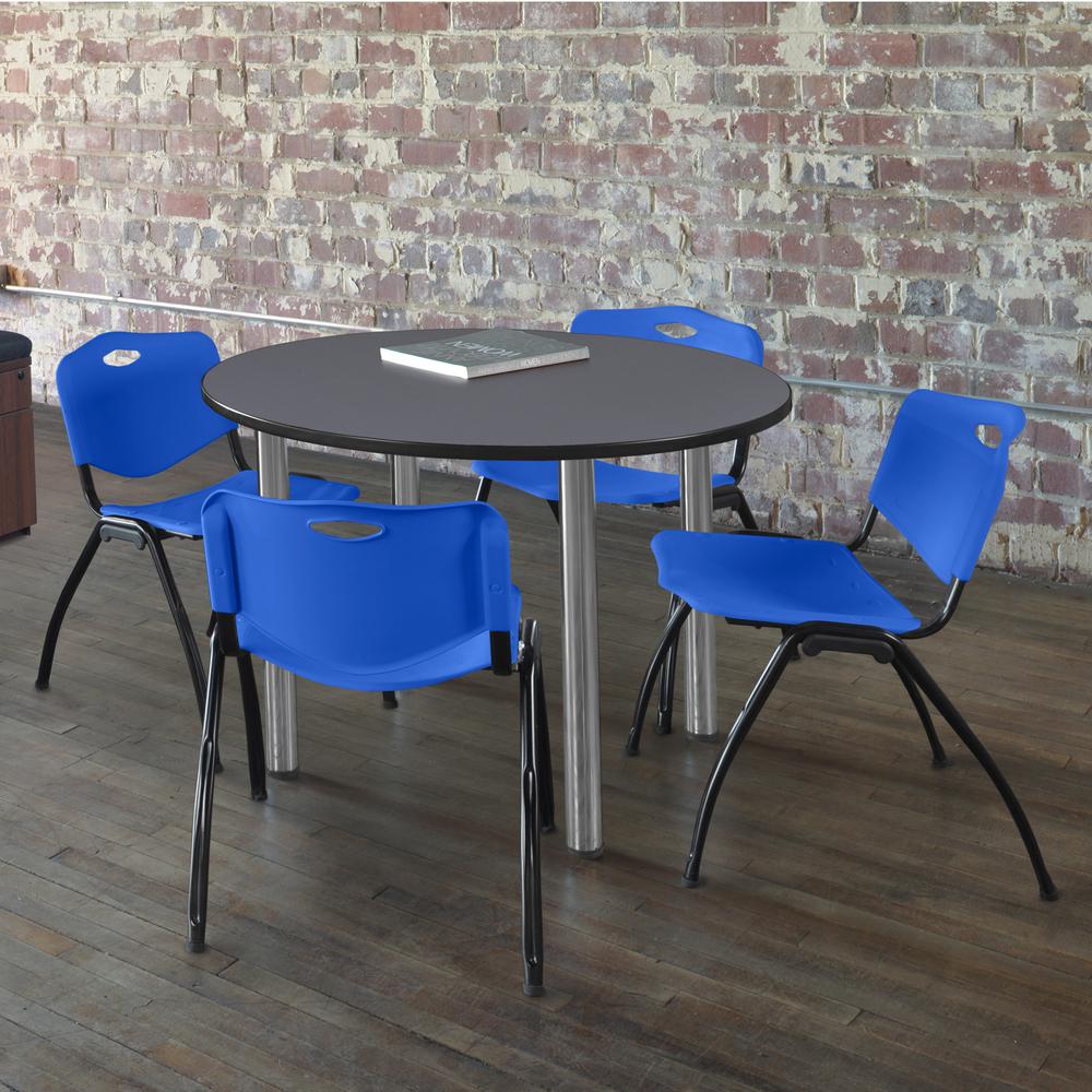 Kee 36" Round Breakroom Table- Grey/ Chrome & 4 'M' Stack Chairs- Blue. Picture 2