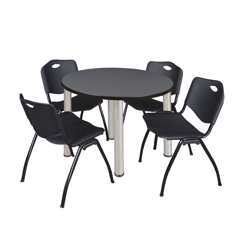 Kee 36" Round Breakroom Table- Grey/ Chrome & 4 'M' Stack Chairs- Black. Picture 1