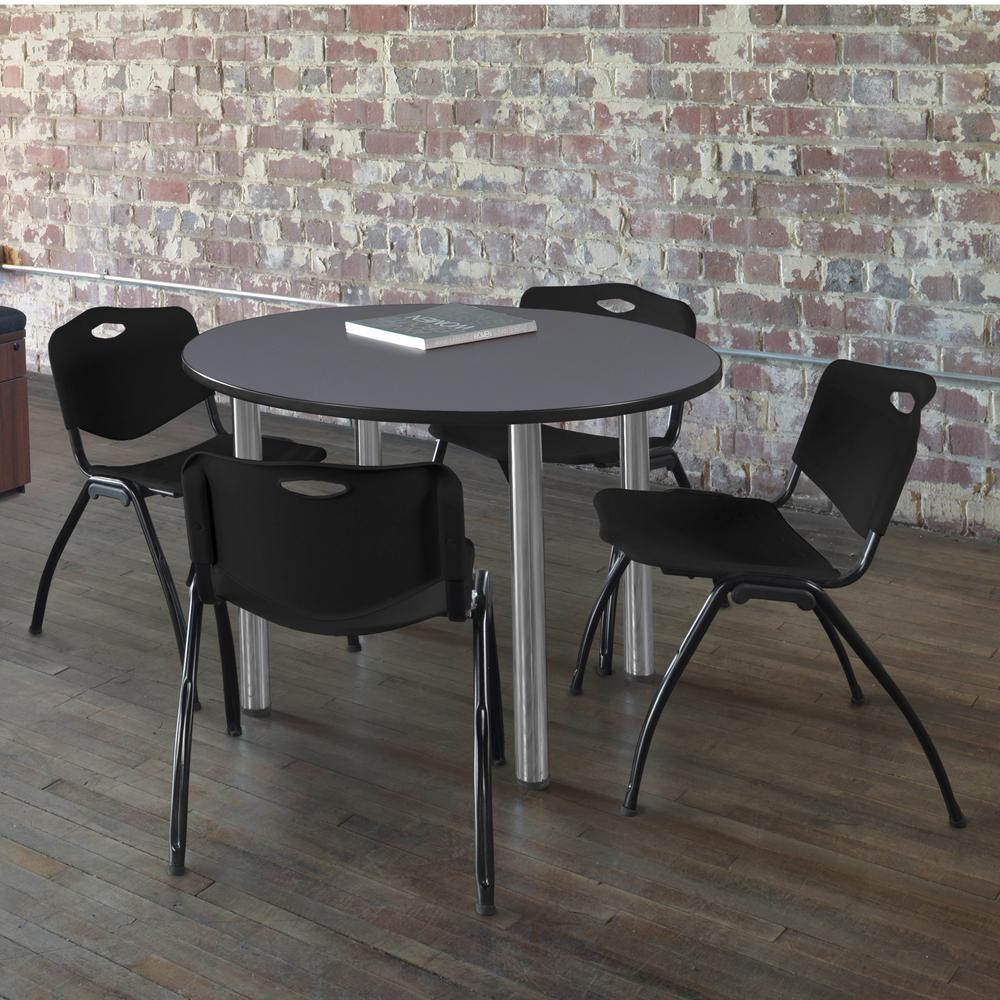 Kee 36" Round Breakroom Table- Grey/ Chrome & 4 'M' Stack Chairs- Black. Picture 2