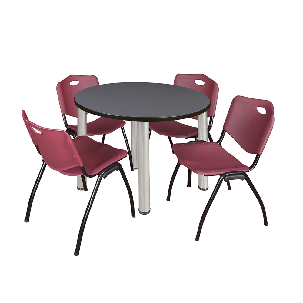 Kee 36" Round Breakroom Table- Grey/ Chrome & 4 'M' Stack Chairs- Burgundy. Picture 1