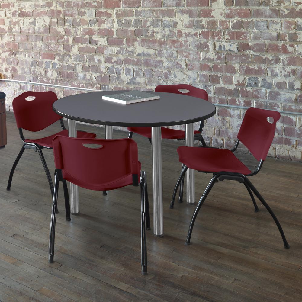 Kee 36" Round Breakroom Table- Grey/ Chrome & 4 'M' Stack Chairs- Burgundy. Picture 2