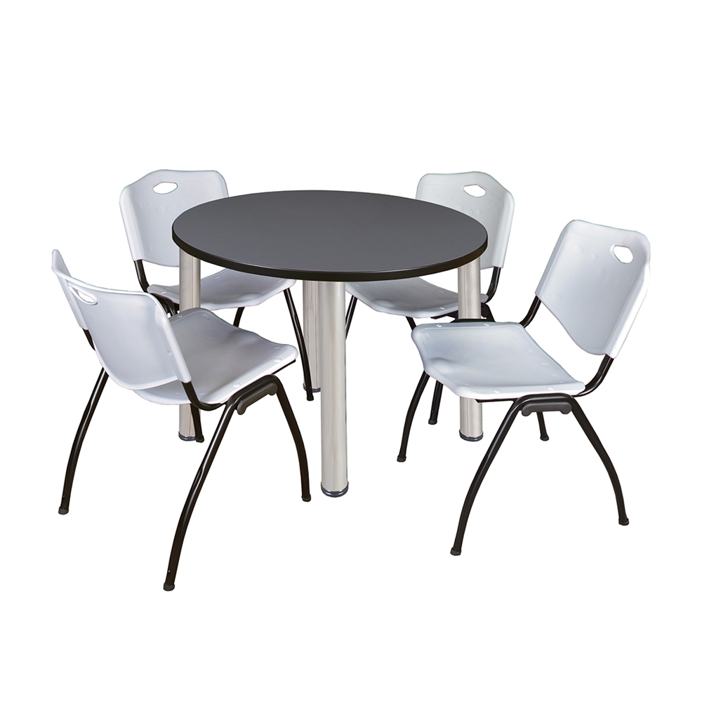 Kee 36" Round Breakroom Table- Grey/ Chrome & 4 'M' Stack Chairs- Grey. Picture 1