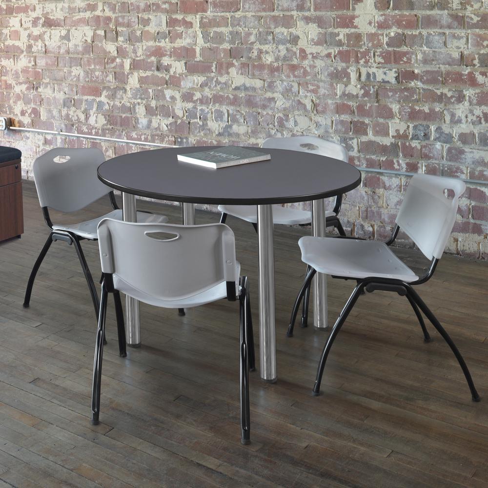 Kee 36" Round Breakroom Table- Grey/ Chrome & 4 'M' Stack Chairs- Grey. Picture 2