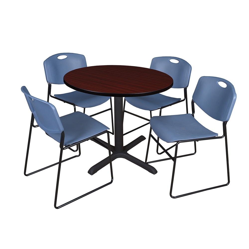 Cain 36" Round Breakroom Table- Mahogany & 4 Zeng Stack Chairs- Blue. Picture 1