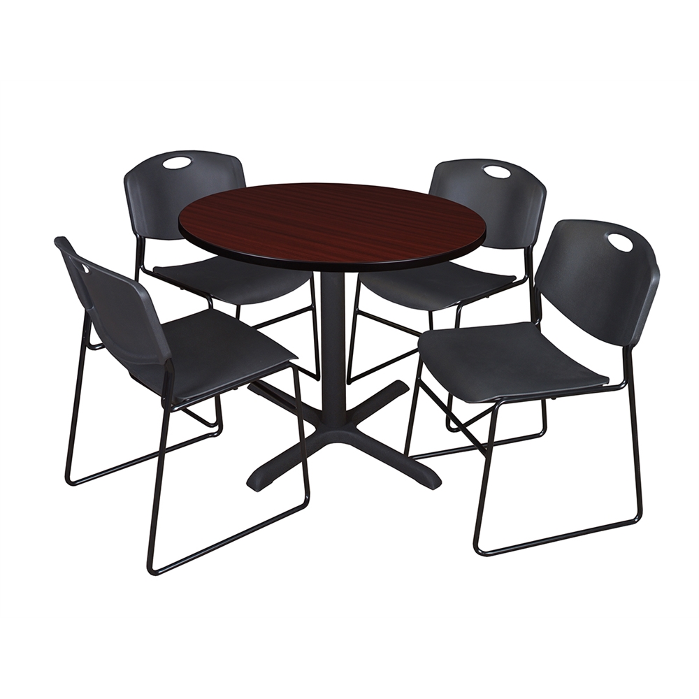 Cain 36" Round Breakroom Table- Mahogany & 4 Zeng Stack Chairs- Black. Picture 1