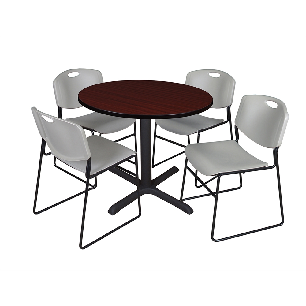 Cain 36" Round Breakroom Table- Mahogany & 4 Zeng Stack Chairs- Grey. Picture 1