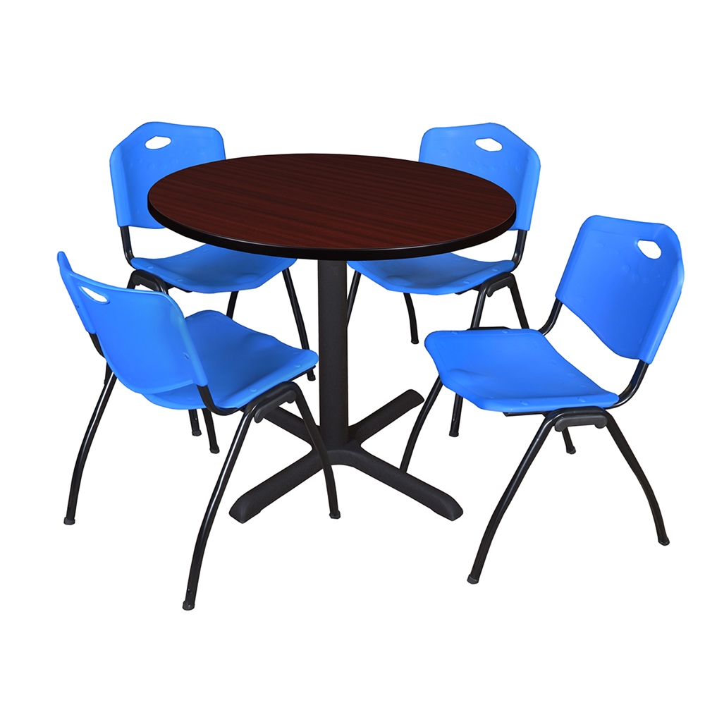 Cain 36" Round Breakroom Table- Mahogany & 4 'M' Stack Chairs- Blue. Picture 1