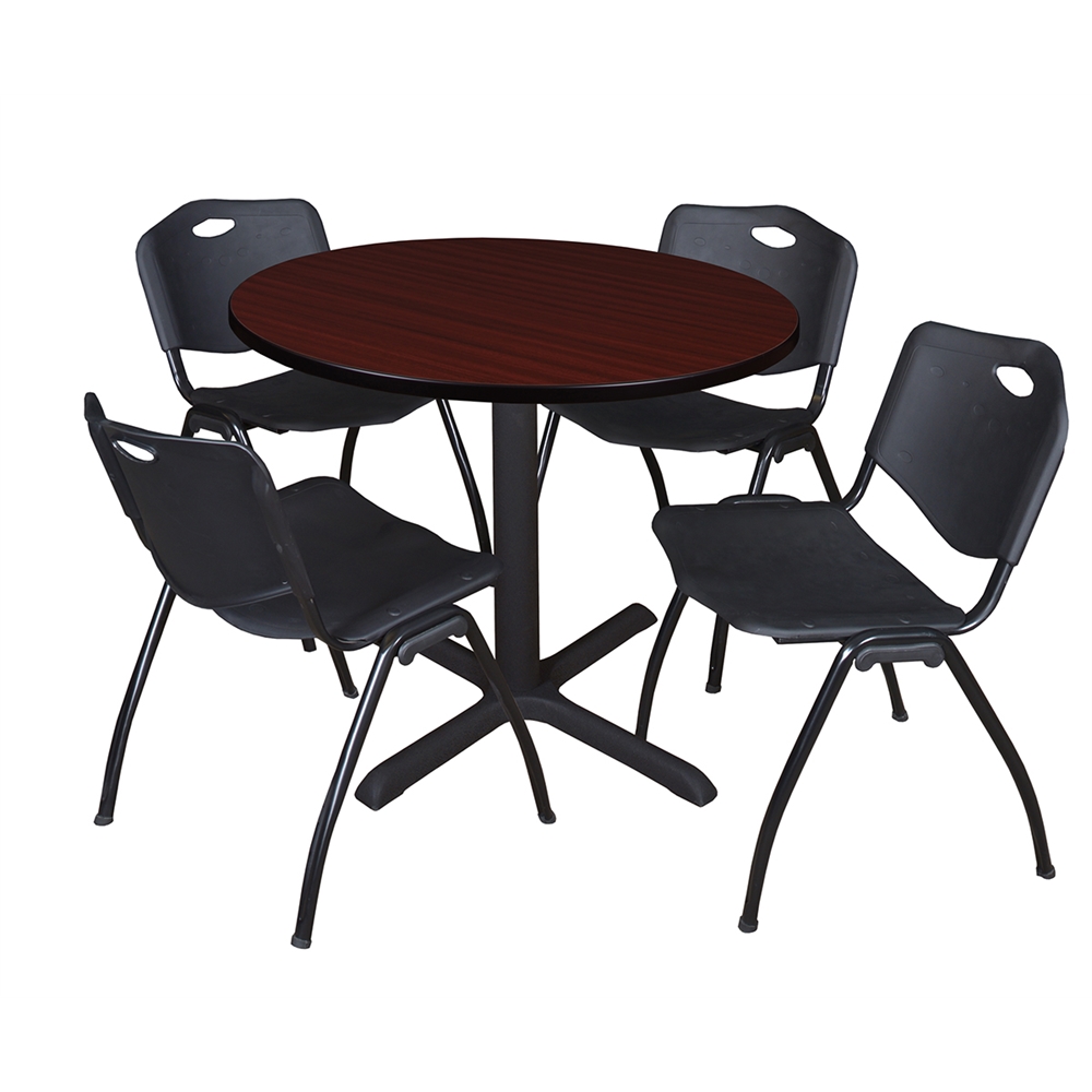 Cain 36" Round Breakroom Table- Mahogany & 4 'M' Stack Chairs- Black. Picture 1