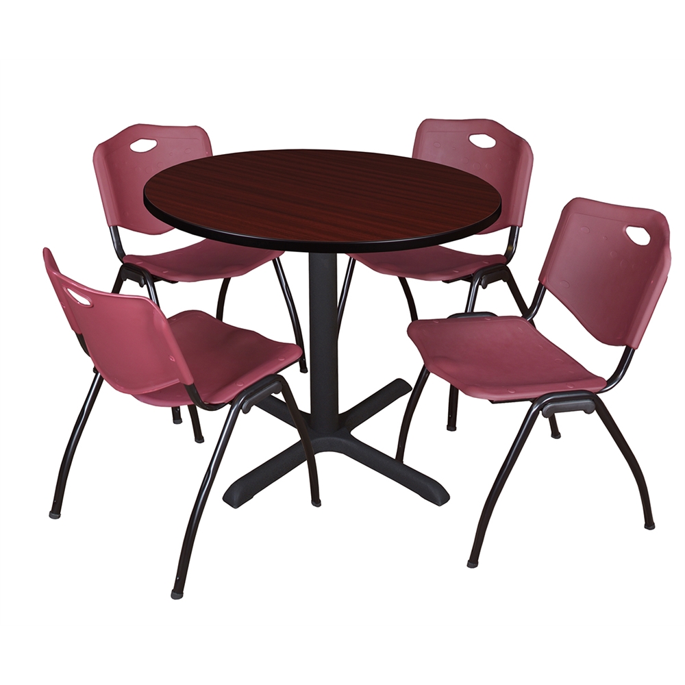 Cain 36" Round Breakroom Table- Mahogany & 4 'M' Stack Chairs- Burgundy. Picture 1