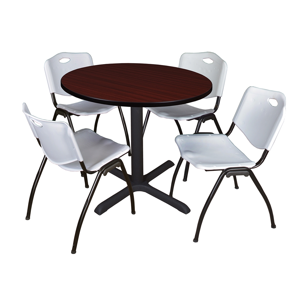 Cain 36" Round Breakroom Table- Mahogany & 4 'M' Stack Chairs- Grey. Picture 1