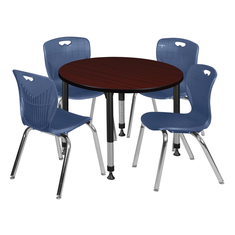 Kee 36" Round Height Adjustable Classroom Table - Mahogany & 4 Andy 18-in Stack Chairs- Navy Blue. Picture 1