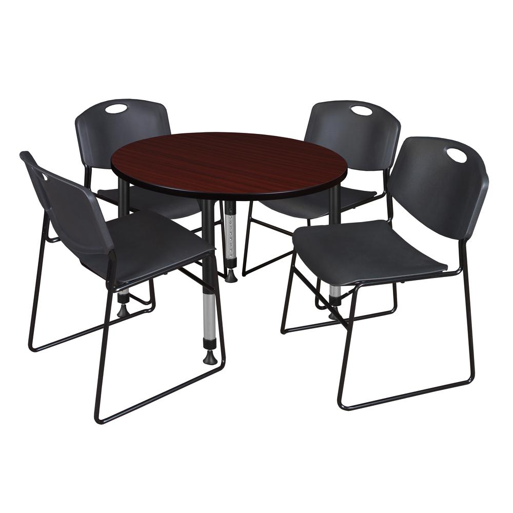 Kee 36" Round Height Adjustable Classroom Table - Mahogany & 4 Zeng Stack Chairs- Black. Picture 1