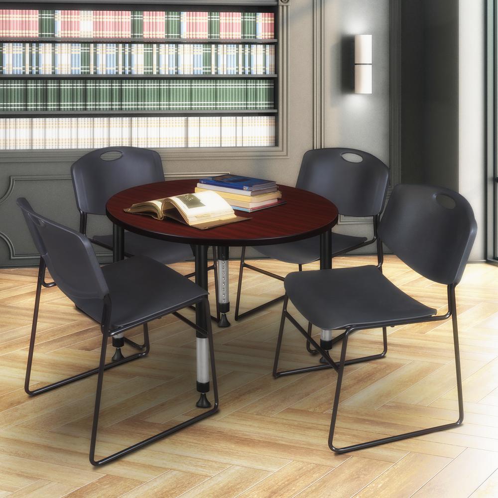 Kee 36" Round Height Adjustable Classroom Table - Mahogany & 4 Zeng Stack Chairs- Black. Picture 6