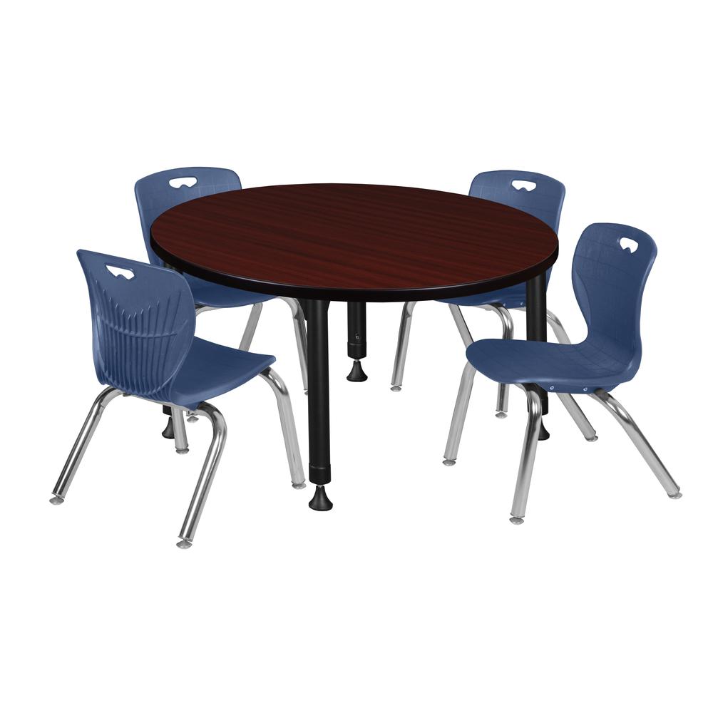 Kee 36" Round Height Adjustable Classroom Table - Mahogany & 4 Andy 12-in Stack Chairs- Navy Blue. Picture 1