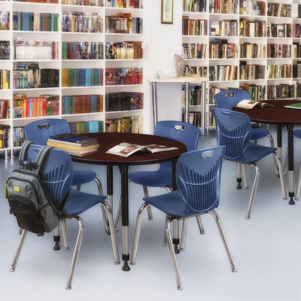 Kee 36" Round Height Adjustable Classroom Table - Mahogany & 4 Andy 18-in Stack Chairs- Navy Blue. Picture 6