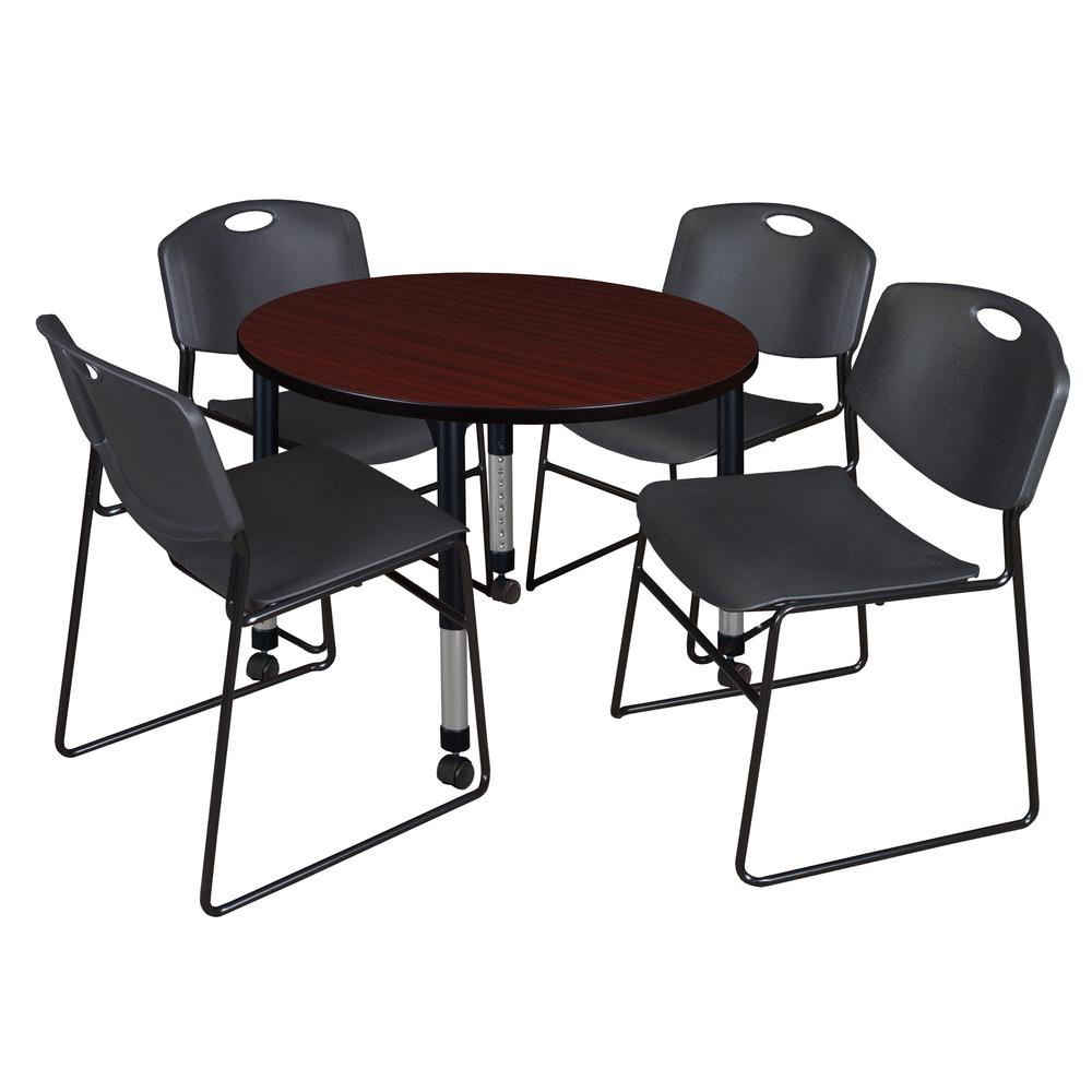 Kee 36" Round Height Adjustable Mobile Classroom Table - Mahogany & 4 Zeng Stack Chairs- Black. Picture 1