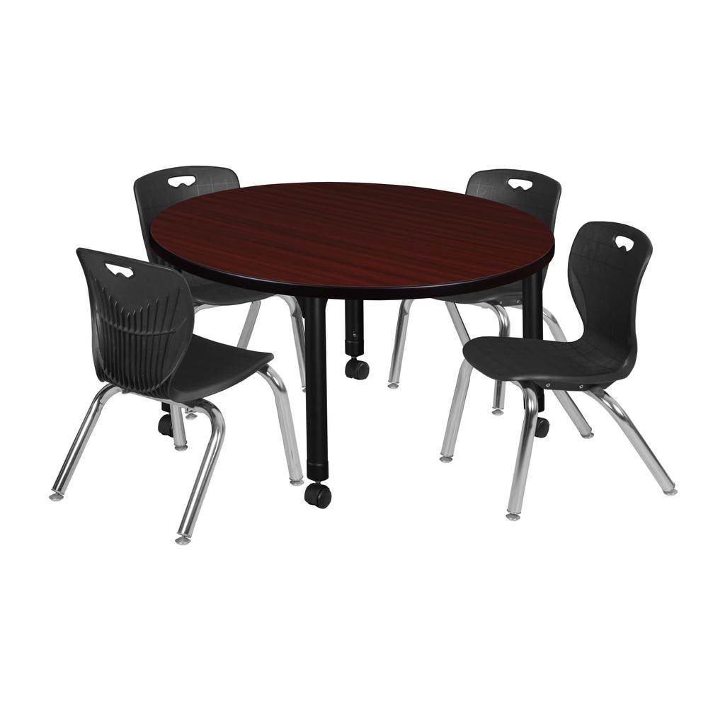 Kee 36" Round Height Adjustable Classroom Table - Mahogany & 4 Andy 12-in Stack Chairs- Black. Picture 1