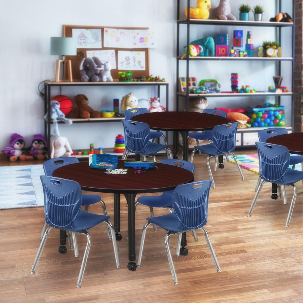 Kee 36" Round Height Adjustable Classroom Table - Mahogany & 4 Andy 12-in Stack Chairs- Navy Blue. Picture 6