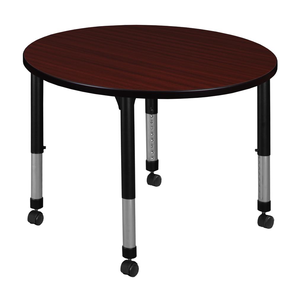 Kee 36" Round Height Adjustable Mobile Classroom Table - Mahogany. Picture 1