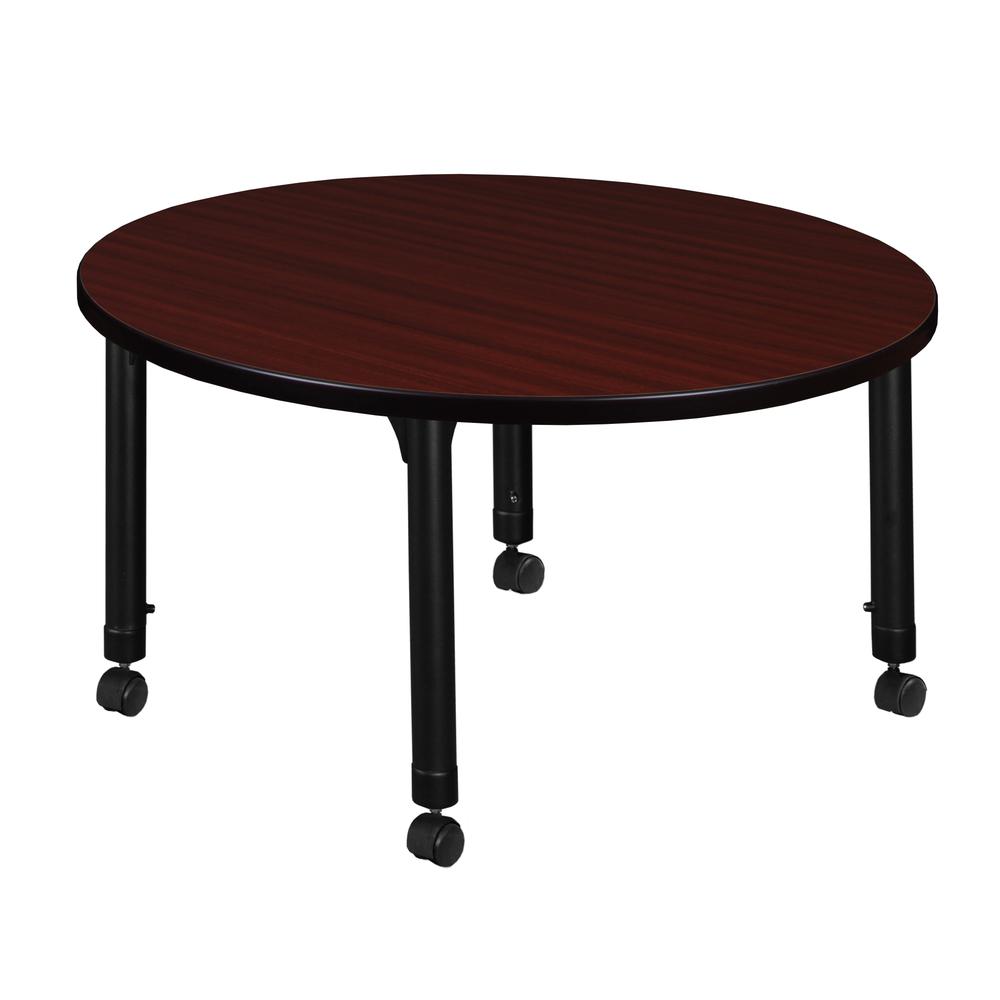 Kee 36" Round Height Adjustable Mobile Classroom Table - Mahogany. Picture 2