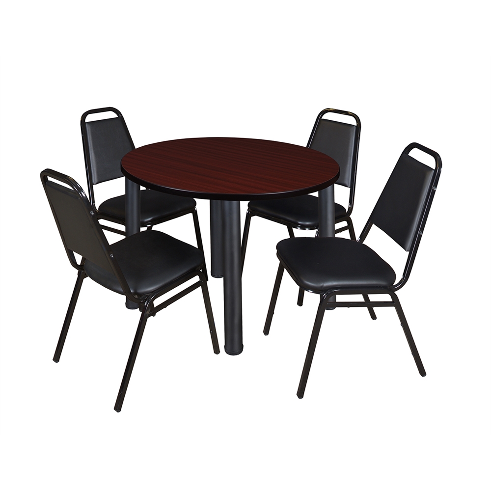Kee 36" Round Breakroom Table- Mahogany/ Black & 4 Restaurant Stack Chairs- Black. Picture 1