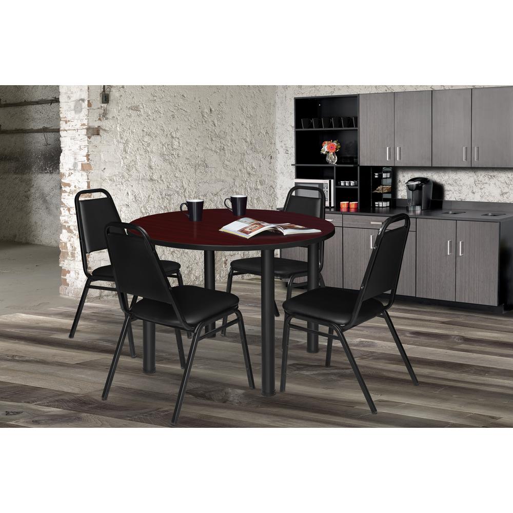 Kee 36" Round Breakroom Table- Mahogany/ Black & 4 Restaurant Stack Chairs- Black. Picture 2