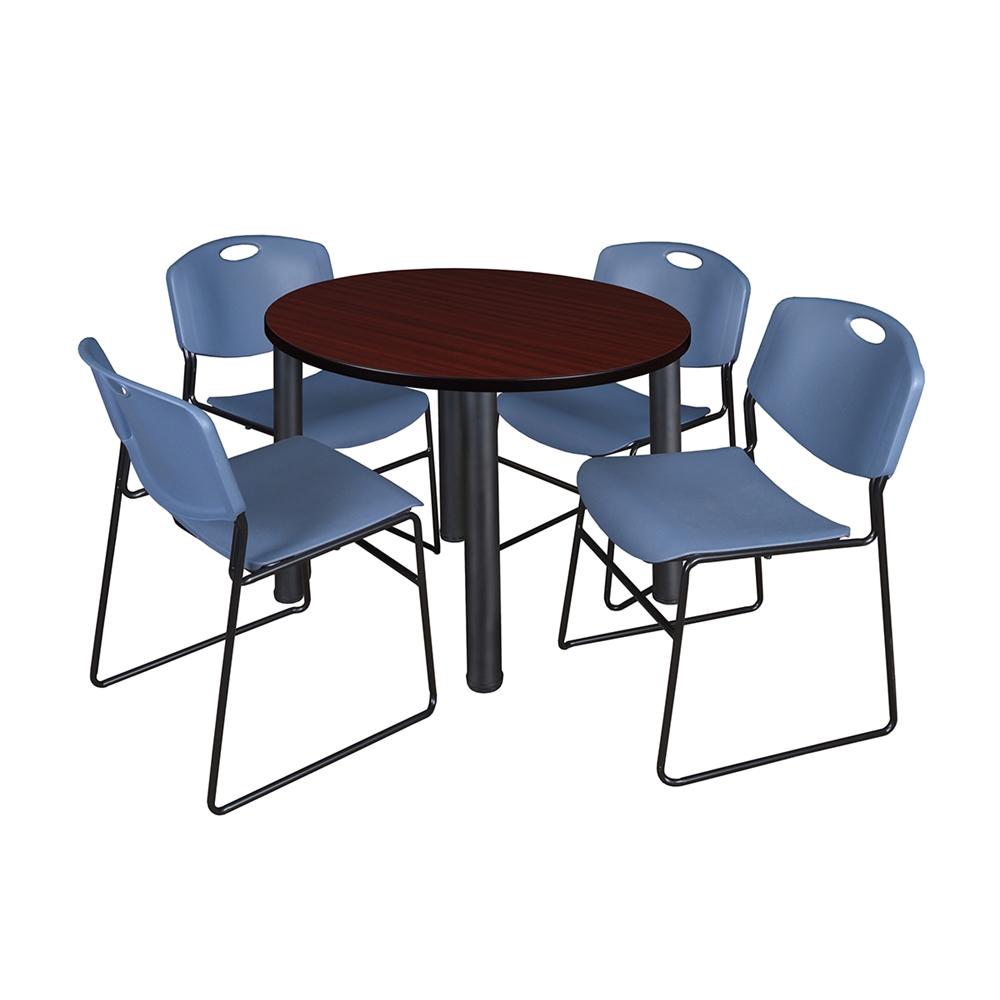 Kee 36" Round Breakroom Table- Mahogany/ Black & 4 Zeng Stack Chairs- Blue. Picture 1