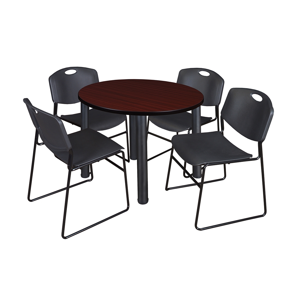 Kee 36" Round Breakroom Table- Mahogany/ Black & 4 Zeng Stack Chairs- Black. Picture 1