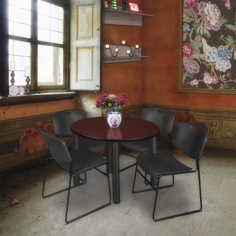Kee 36" Round Breakroom Table- Mahogany/ Black & 4 Zeng Stack Chairs- Black. Picture 2