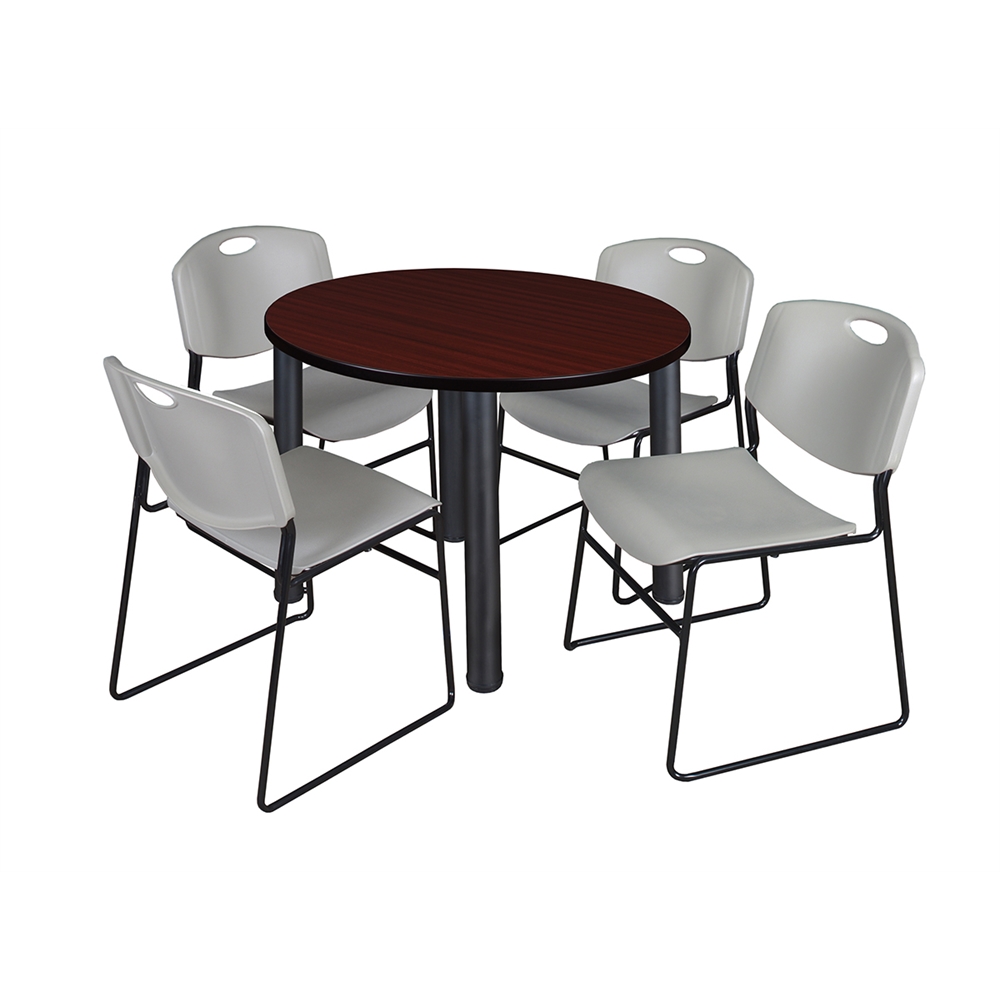 Kee 36" Round Breakroom Table- Mahogany/ Black & 4 Zeng Stack Chairs- Grey. Picture 1