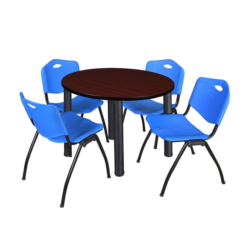 Kee 36" Round Breakroom Table- Mahogany/ Black & 4 'M' Stack Chairs- Blue. Picture 1