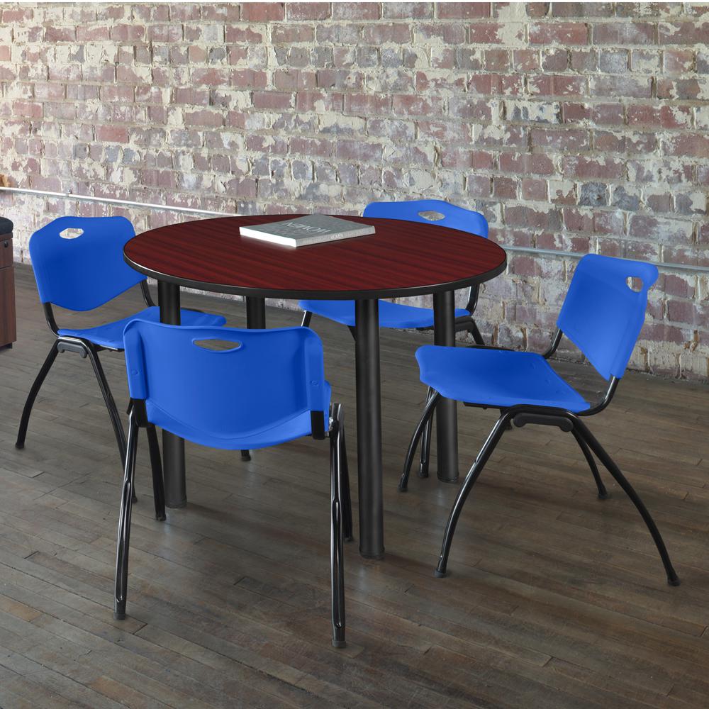 Kee 36" Round Breakroom Table- Mahogany/ Black & 4 'M' Stack Chairs- Blue. Picture 2